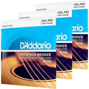 D'Addario Phosphor Bronze Acoustic Guitar Strings - .012-.053 Light (3-pack) - EJ16-3D - Sound Exchange USA