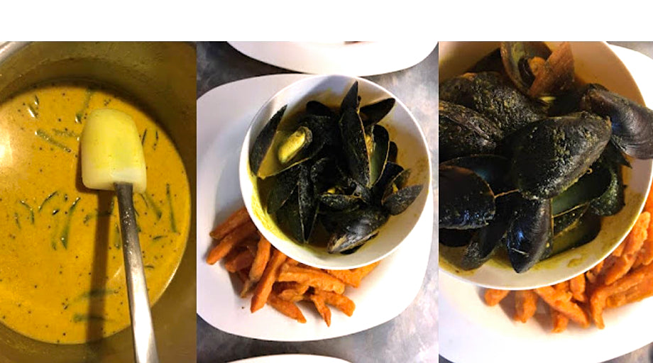 Kerala Coconut Curried Mussels & Sweet Potato Fries