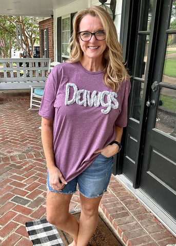 Kim wearing our Dawgs Chenille Embroidered Tee