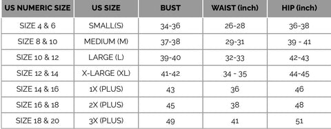 Zenana Sizing Chart Top & Bottom