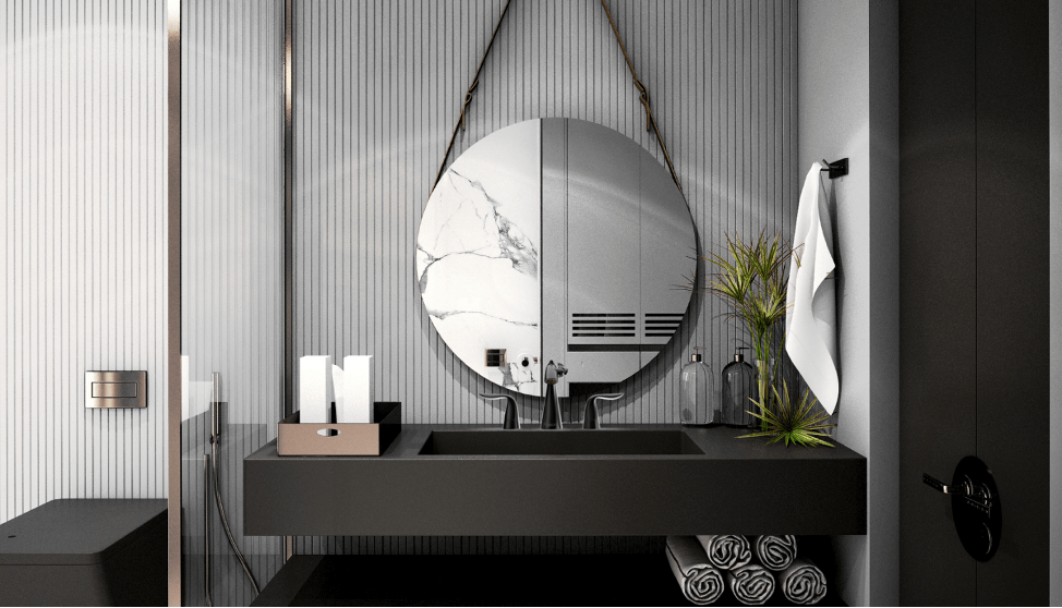 Modern Chic Master Bathroom. This elegant and modern bathroom has been designed to help the owner relax while helping them save the planet. 