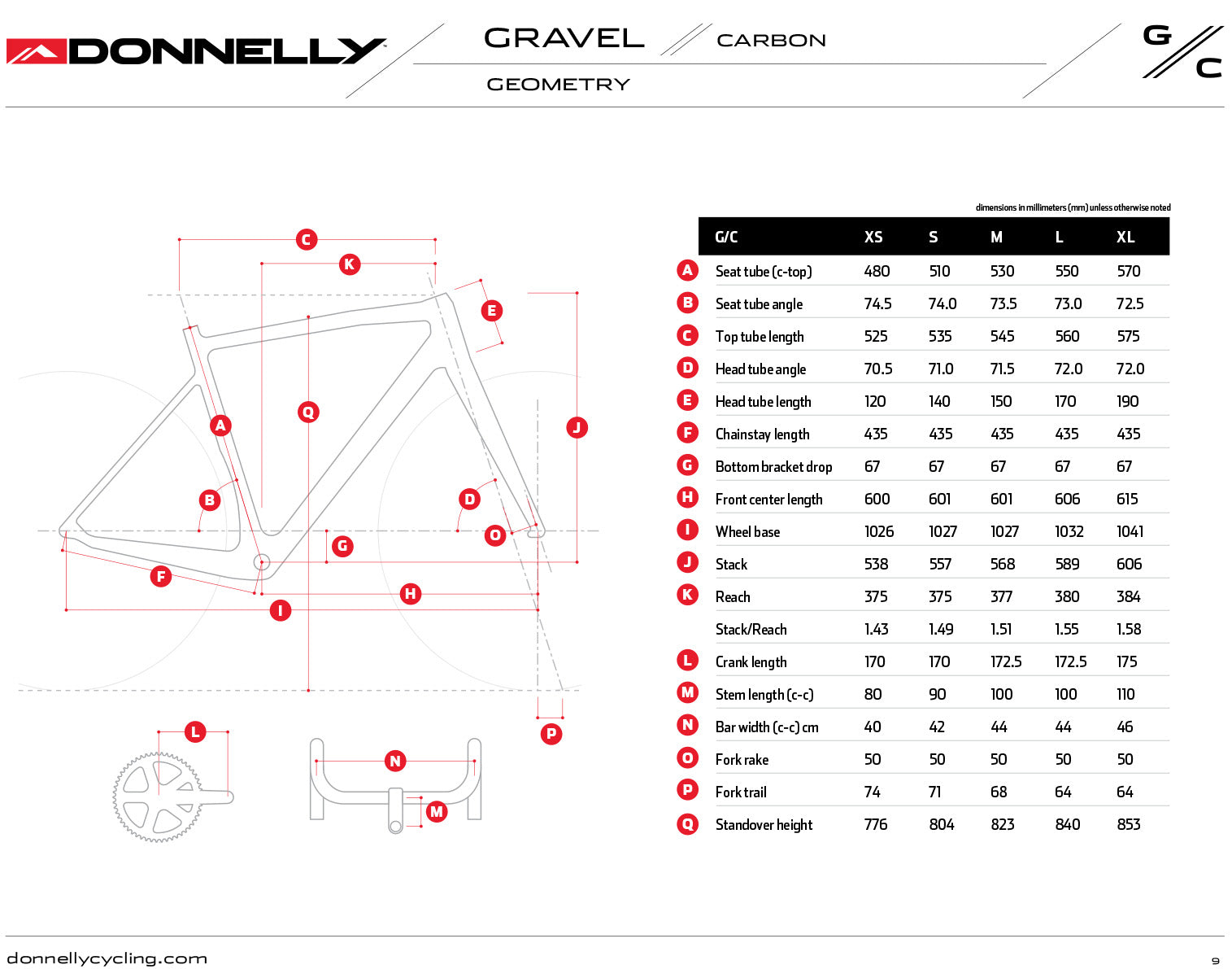 Donnelly G//C Gravel Carbon bike geometry chart