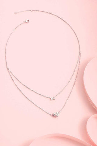 pink heart cz stone two layer sterling silver necklace