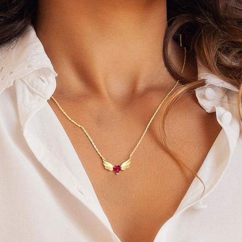 14K Yellow Gold Natural Garnet Dainty Angel Wings Heart Necklace