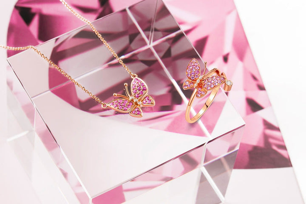 14K Rose Gold Pink Sapphire Diamond Pave Butterfly Necklace