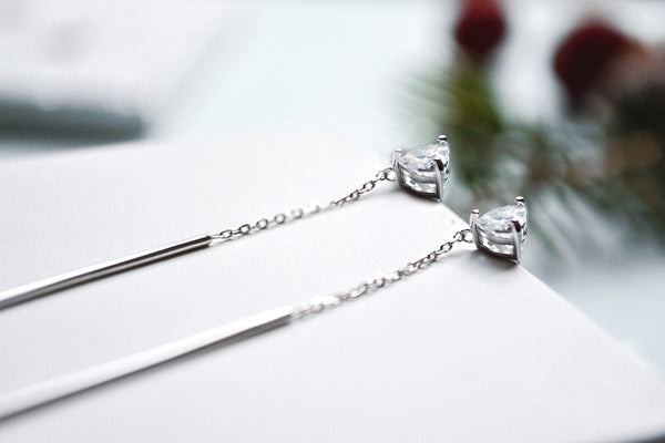 silver long thread heart shaped earrings