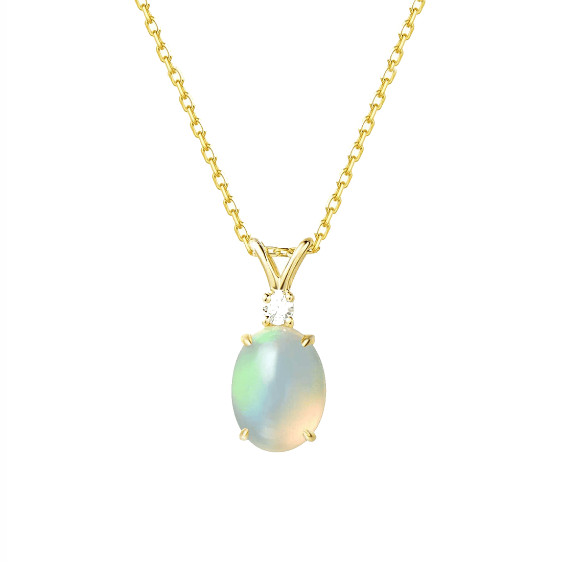 Natural oval shape opal stone pendant necklace with white diamond in 14k yellow gold