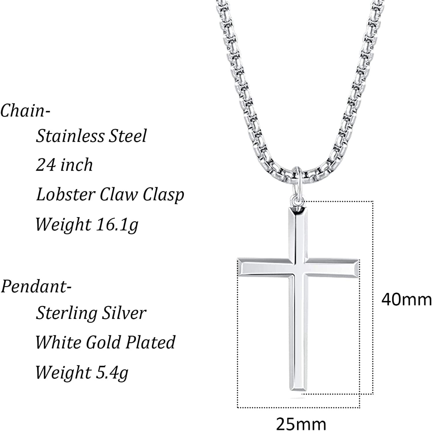 925 Silver Men's Plain Polished Cross Necklace & Stainless Steel Box ...