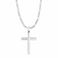 Mens Gold Plated Sterling Silver High Polished Cross Pendant Necklace With 4MM Figaro Silver Chain, 23" Chain