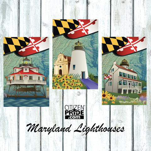 NEW Designs by Joe Barsin of Citizen Pride feature the Thomas Pt. Shoal Lighthouse, Piney Point Lighthouse and the Blackistone Lighthouse.