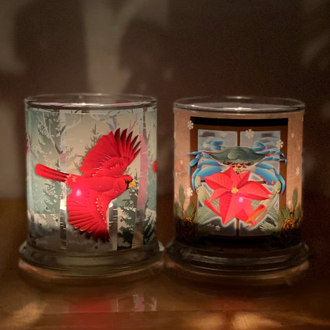 Candle Holder, Winter Cardinal and Blue Crab Poinsettia, with 2 Tealight Candles