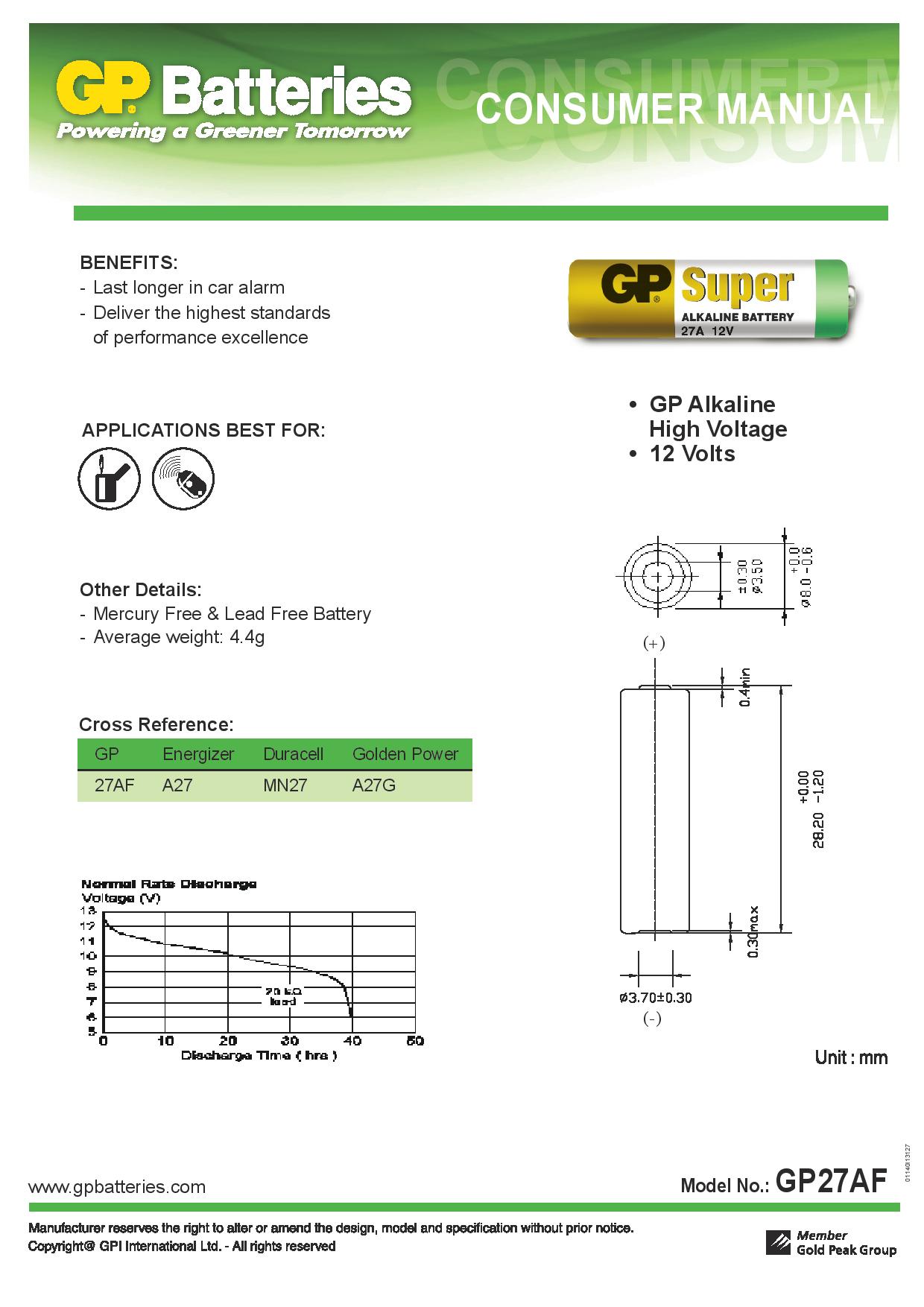 Pilas alcalina 1 x 27A / MN27 - 12V - GP Battery