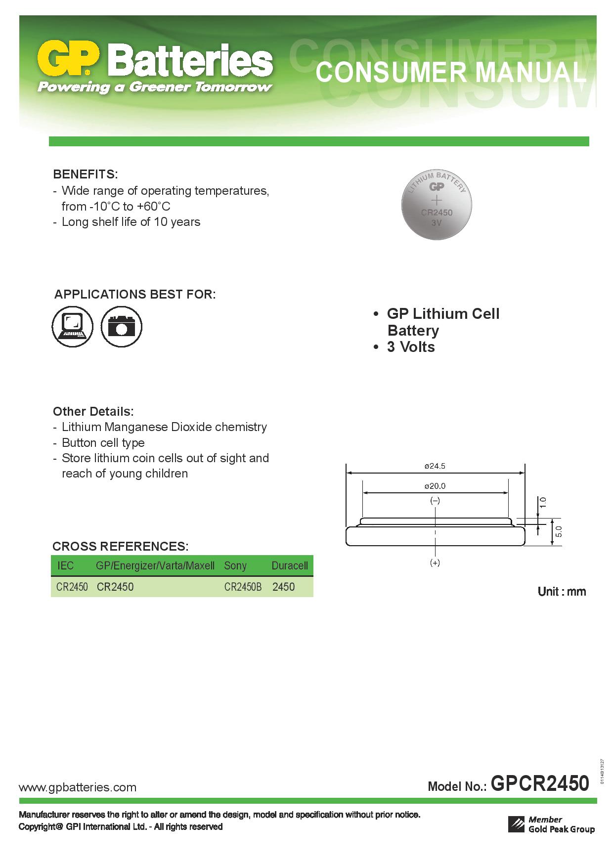 Bateria Alcalina GP CR2450 3V