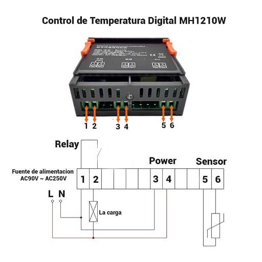 Conexion Termostato Digital MH1210W 90 VAC ~ 220 VAC, Ferretrónica