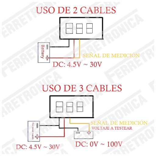 Conexion Mini Voltimetro 0V ~ 100V DC 3 Digitos 0.36 pulgadas Color Rojo 3 cables, Ferretrónica