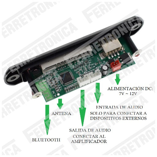 Conexiones Modulo Reproductor MP3 USB Lector de uSD con Bluetooth entrada auxiliar radio FM para instalar, Ferretrónica