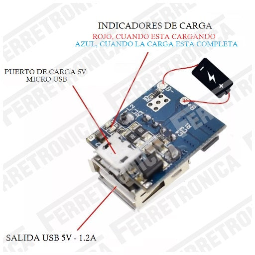Descripcion Modulo Carga micro usb y Descarga usb Baterías Litio 18650 TP5400 5V - 1.2A similar a TP4056 Power Bank 2 en 1, Ferretrónica