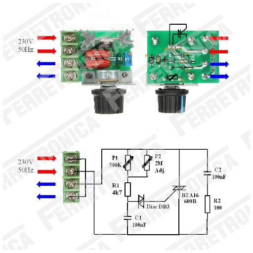 Dimmer 2000W regulador variador de voltaje (potencia) para bombillos, motores, cautines, entre otros, ferretrónica