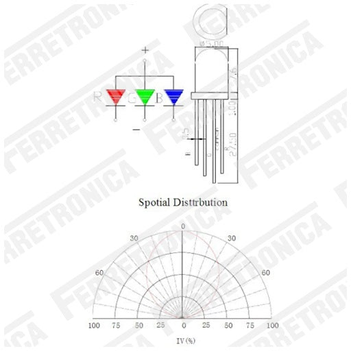 Diodo Led Chorro Multicolor RGB 5mm 4 Pines Tricolor Catodo Comun, Ferretrónica