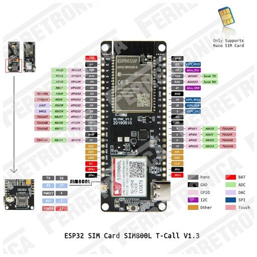 Modulo WiFi Bluetooth ESP32 con GPRS SIM800 GSM V1.3 TTGO T-CALL, Ferretrónica