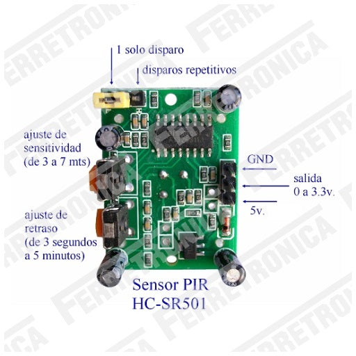 conexion sensor de movimiento pir hc-sr501, ferretrónica