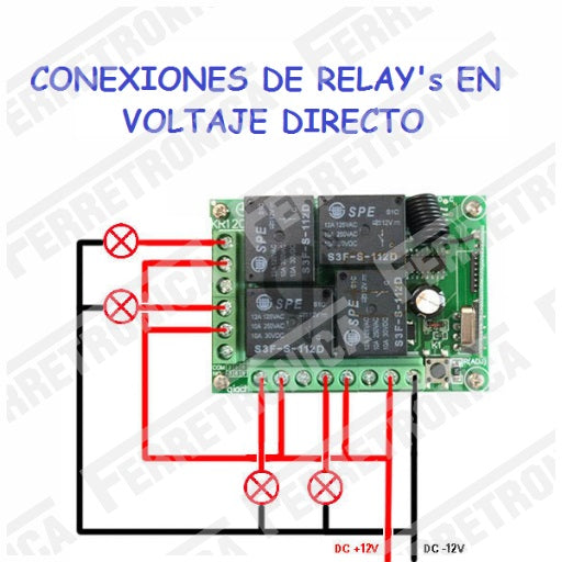 conexiones 12VDC kit módulo Relay RF Radio frecuencia rele de 4 canales con etapa receptora de 433 MHz, ferretrónica