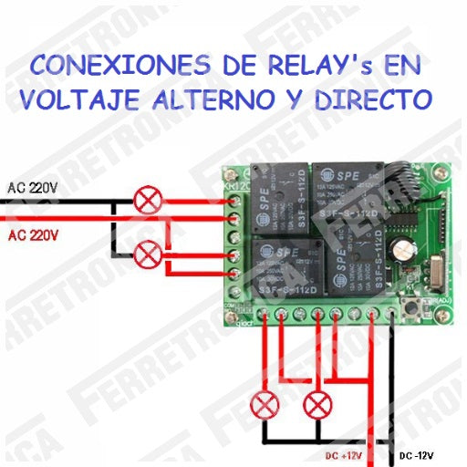 conexiones 12VDC y 220 VAC kit módulo Relay RF Radio frecuencia rele de 4 canales con etapa receptora de 433 MHz, ferretrónica