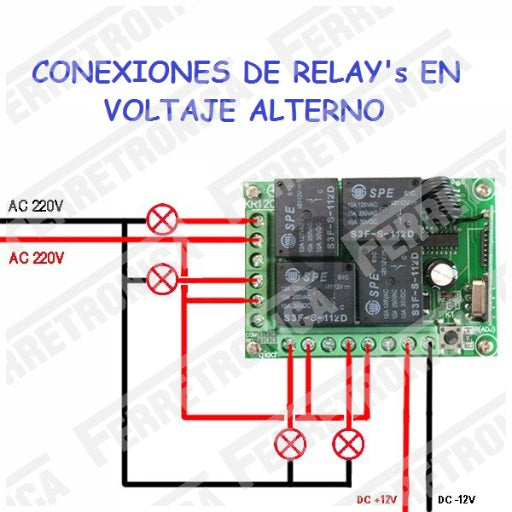 conexiones 220 VAC kit módulo Relay RF Radio frecuencia rele de 4 canales con etapa receptora de 433 MHz, ferretrónica