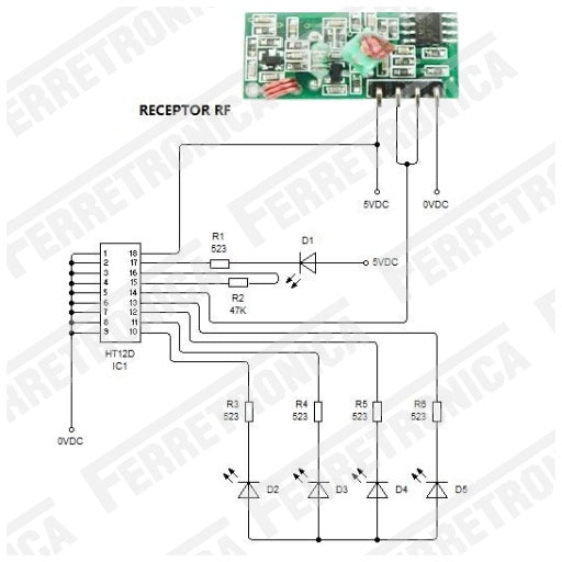 decodificador HT12D de control remoto de 4 bits para modulos de comunicacion inalambrica radio frecuencia RF de 315 Mhz y 433 Mhz, ferretrónica