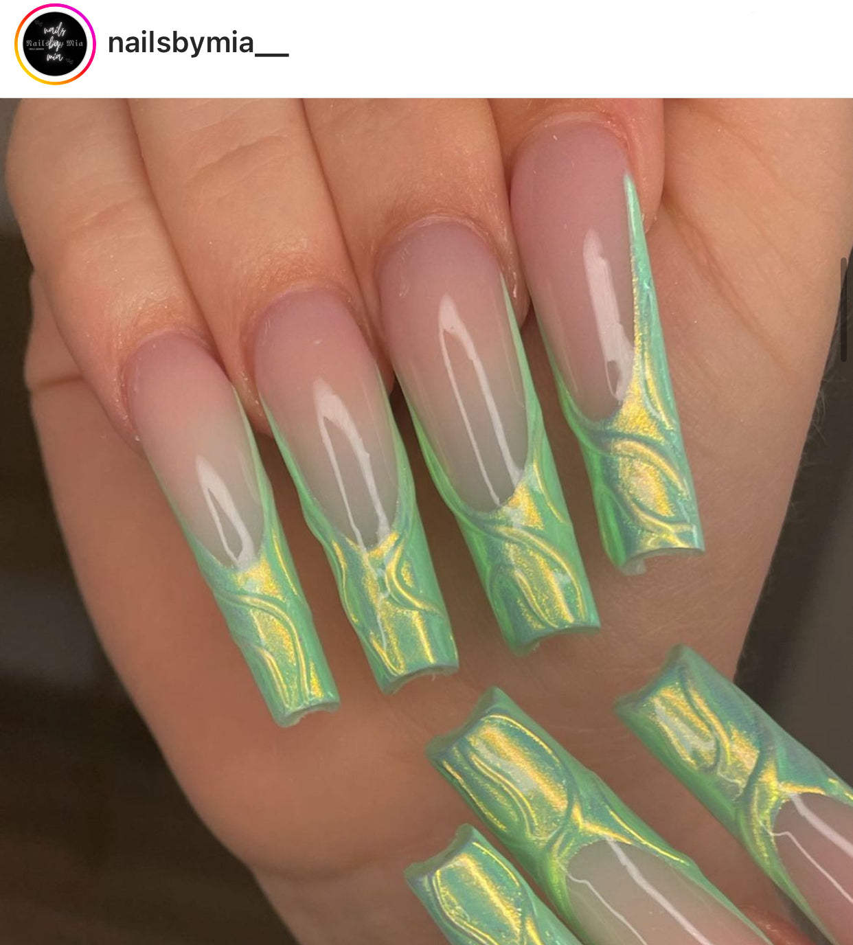 long nails with chrome nail design green and lime pastel nails