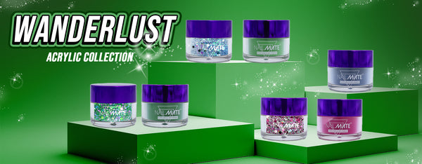 7 jars of coloured acrylic powders in green, berry red and blue on platforms with the title wanderlust