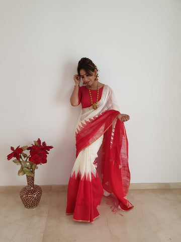 Celebrating Durga Puja in Tussar Matka Saree in White and Red from Bengal Looms