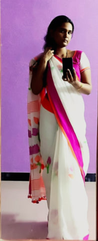 Pure Handloom Linen Jamdani Saree in Ganga Jamuna Border
