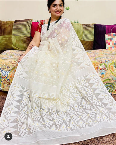 Handwoven Jamdani Saree in Off White and Milk White from Bengal Looms India