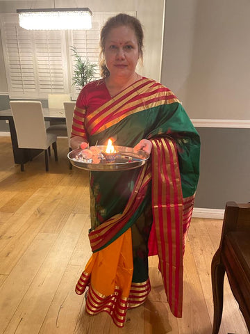 Mexican client wearing Pure South Silk Saree From Bengal Looms India