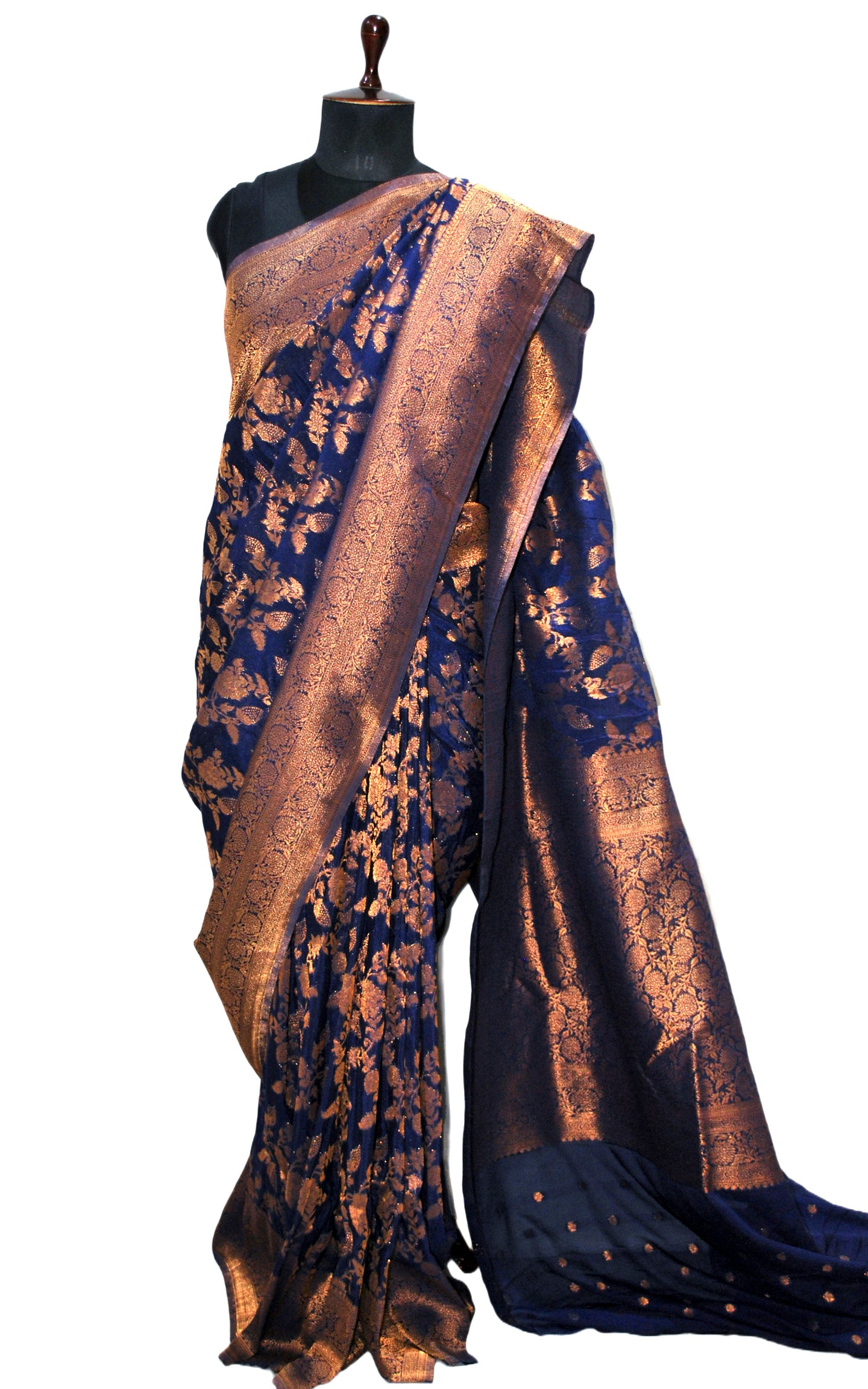 Semi Georgette Brocade Banarasi Saree in Midnight Blue and Sepia Tone Golden Zari Work