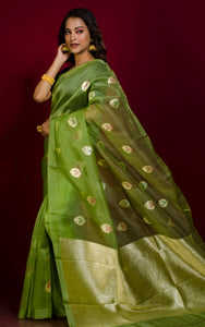 Designer Handloom Kora Silk Banarasi Saree in Pear Green and Pale Gold