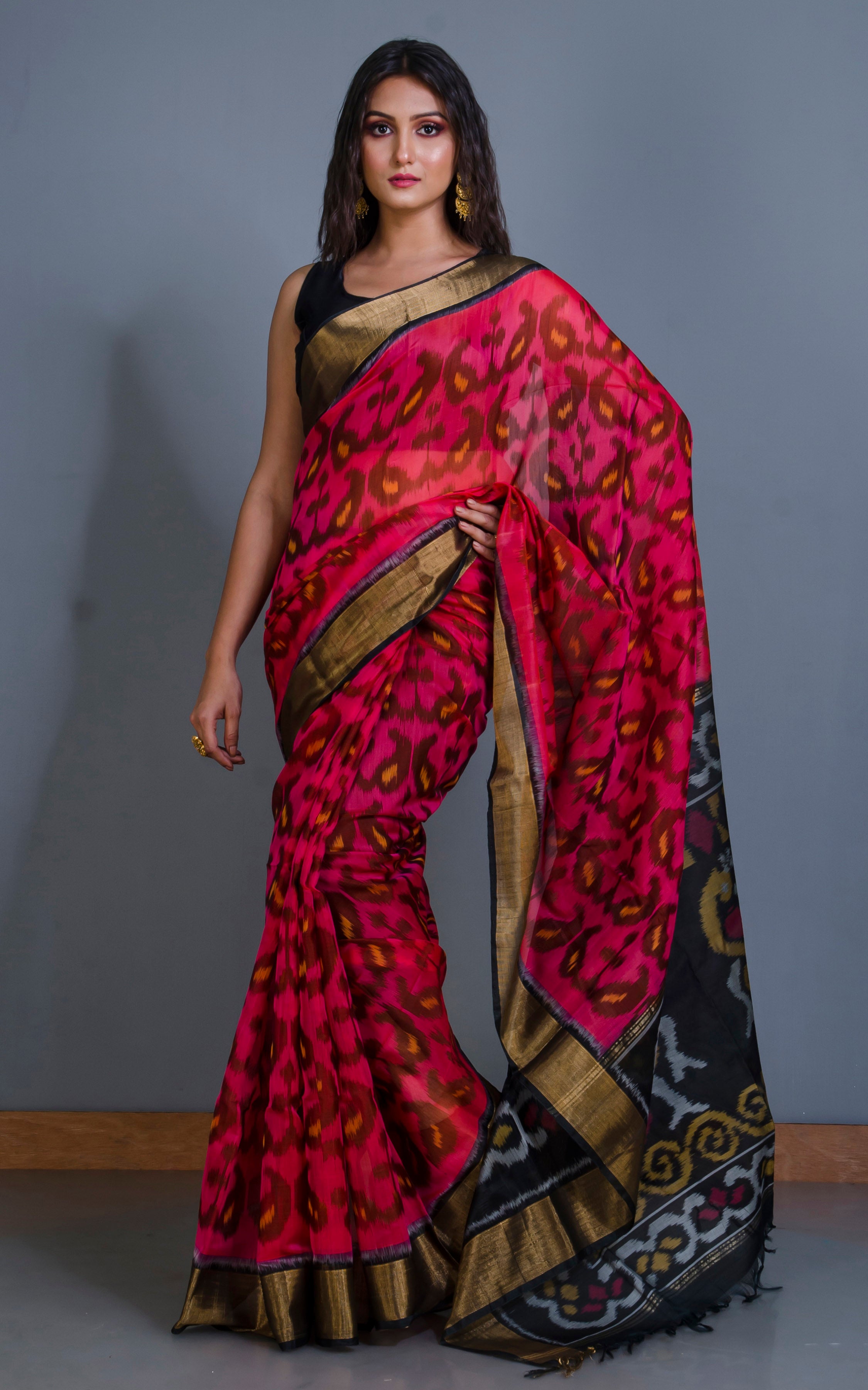 Soft Seiko Ikkat Pochampally Silk Saree in Peach, Brown, Yellow and Bl –  Bengal Looms India