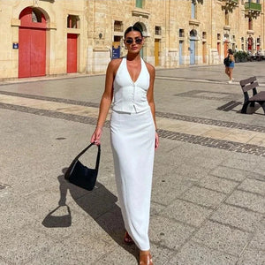 V Halter Sleeveless Crop & Long Skirt Sets - Elevate Swag