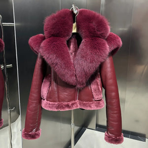 Genuine Leather Coat Shearling Liner Big Fur Collar Hooded - Elevate Swag