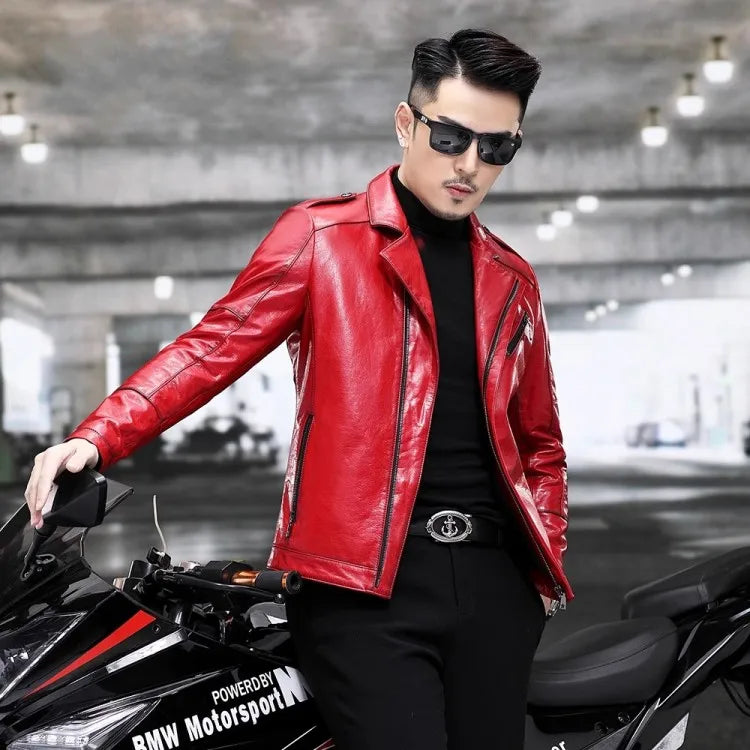Red Genuine Leather Jacket Slim Fit Moto Biker