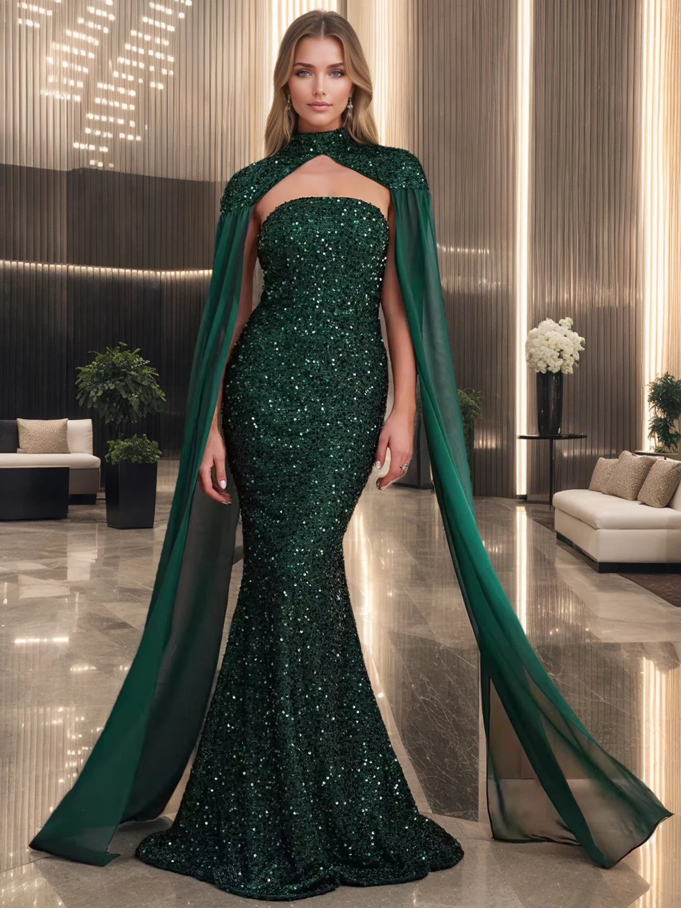 Sequins Detachable Mesh Shawl  Long Dresses
