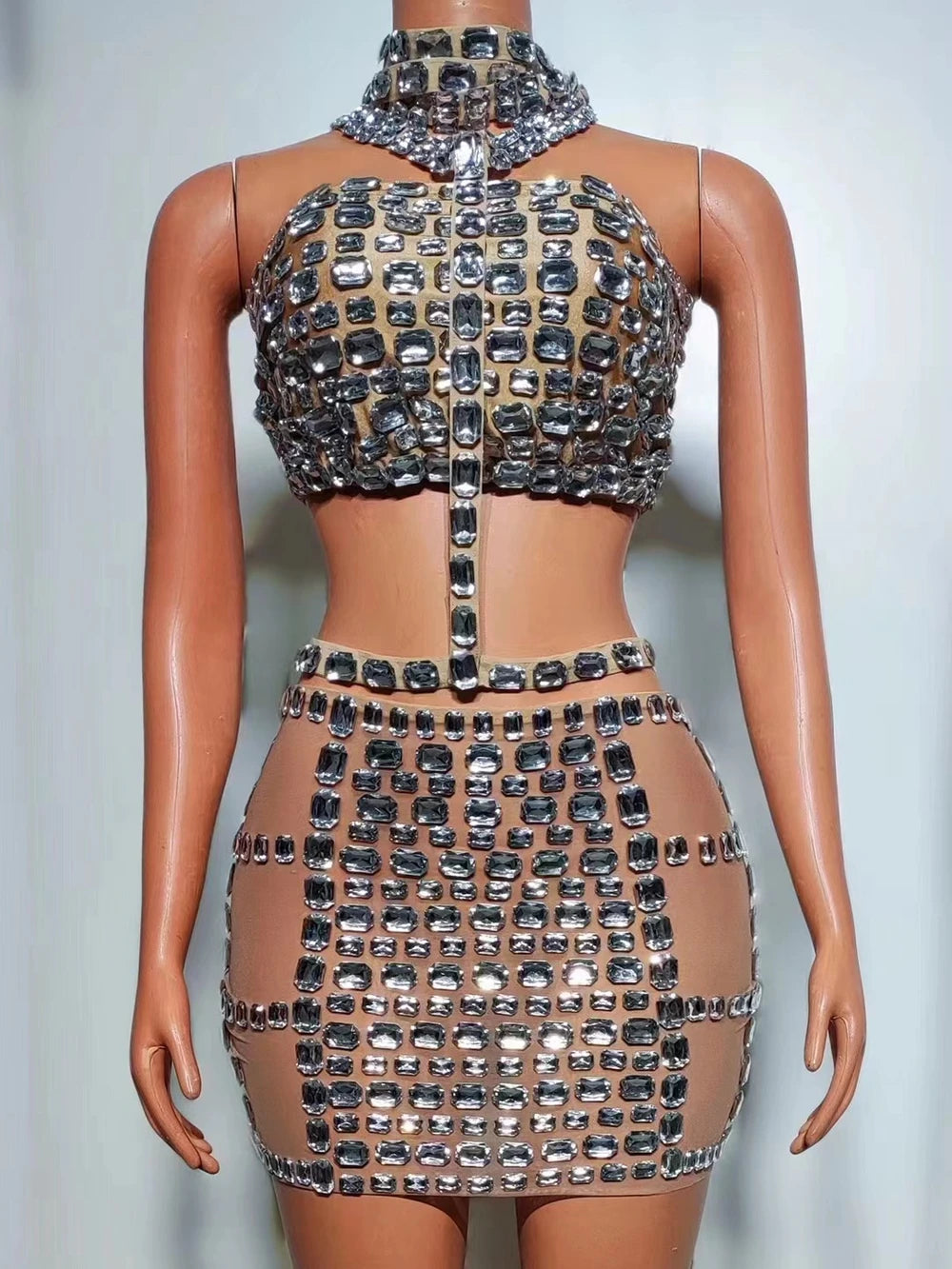 Big Rhinestone Crop Top & Mini Skirt Sets