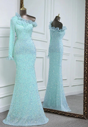 Sequins One Sleeve Lace Floor-Length Dresses - Elevate Swag