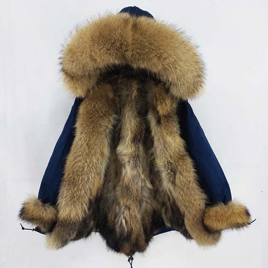 Blue Hooded Fox Fur Lined Men's Parka