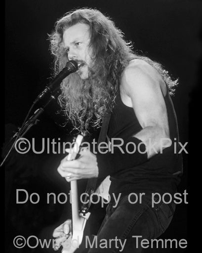 Black and white photo of James Hetfield of Metallica singing in concert in 1989 by Marty Temme