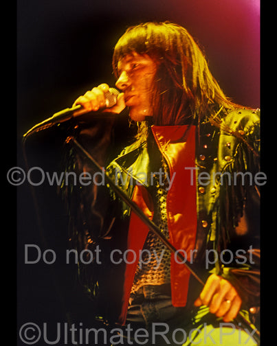 Photo of Bruce Dickinson of Iron Maiden singing in 1991 by Marty Temme