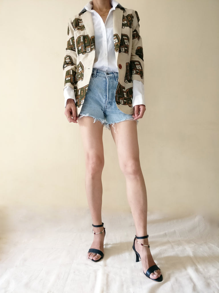 MIRCHI KOMACHI Rickshaw Print Cotton Casual Blazer Jacket with a white shirt and a torn short denim jeans plus high-heel sandal