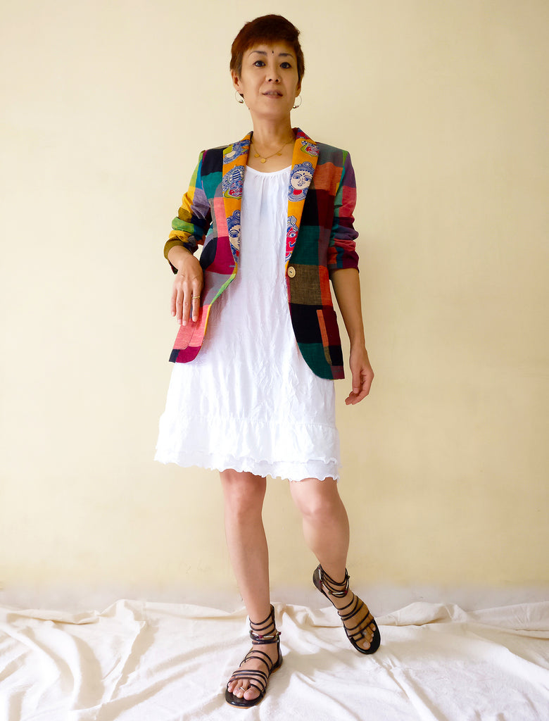 image of MIRCHI KOMACHI blazer jacket cotton colourful plaid with kalamkari collar for ladies