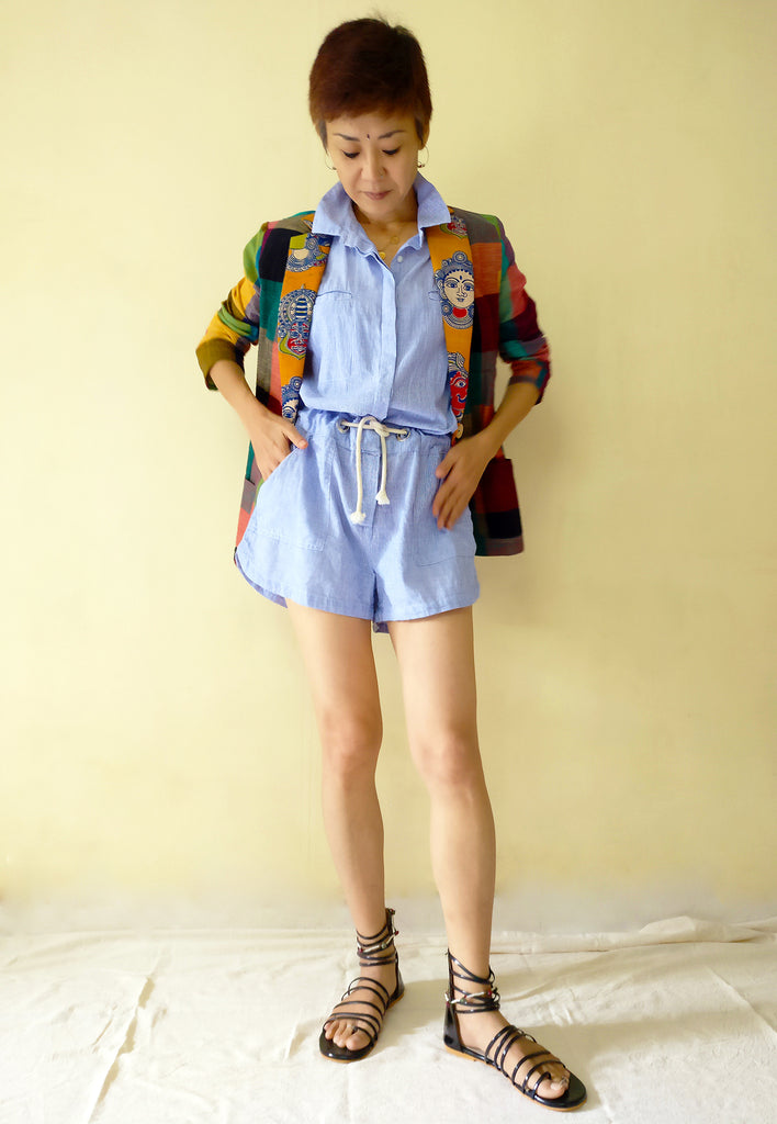 image of MIRCHI KOMACHI cotton blazer jacket with colourful plaid and kalamkari for women plus short jump suit